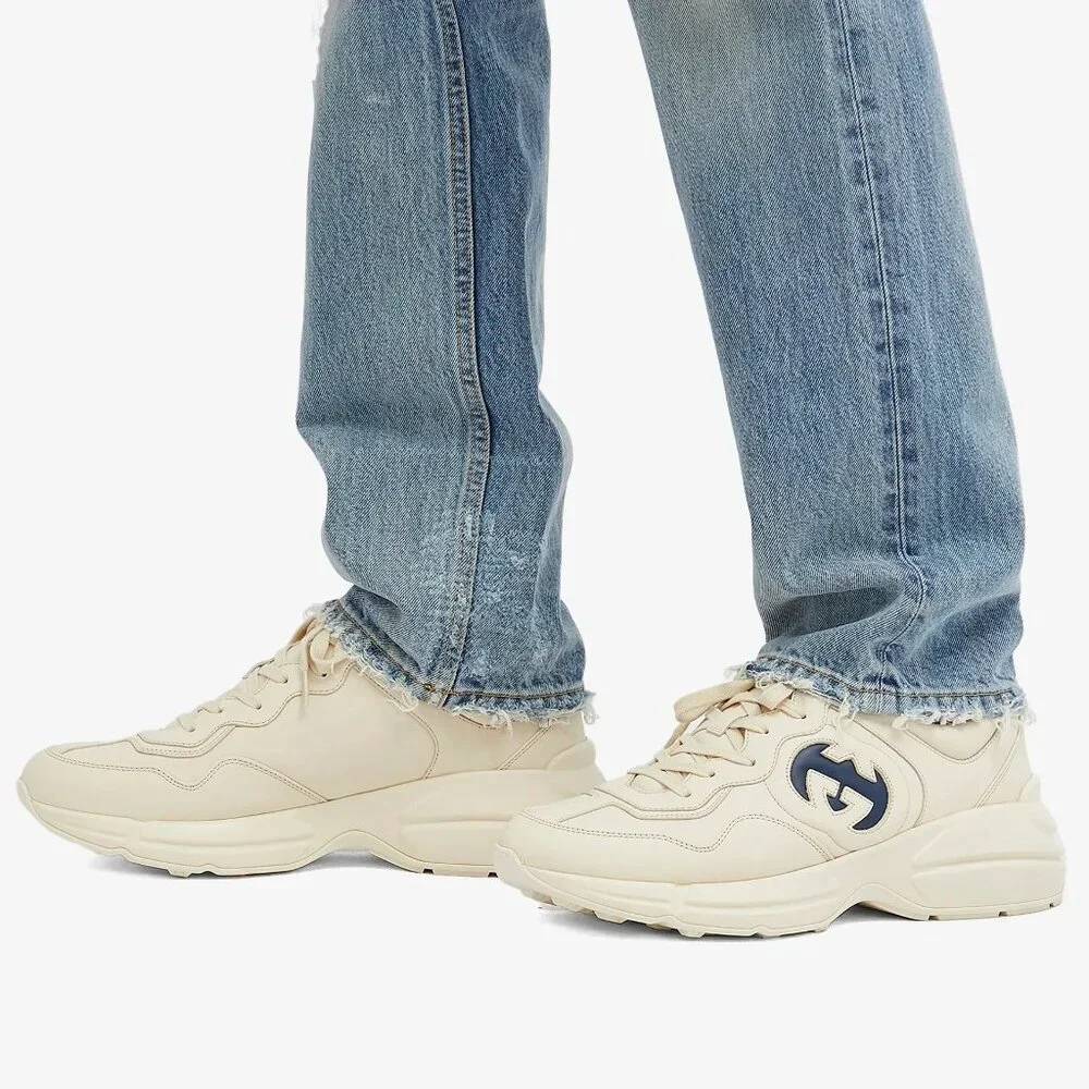 NEW GUCCI Rhyton Interlocking G Ivory Leather Sneakers Men’s G 11.5 / US 12 Auth